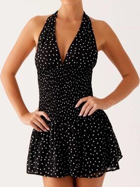 Peppermayo Polka Dot Halter Mini Dress - Black with White Dots